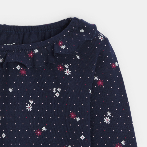 تيشيرت مزين بطبعة الزهور باللون الأزرق البحري للفتيات الصغيرات